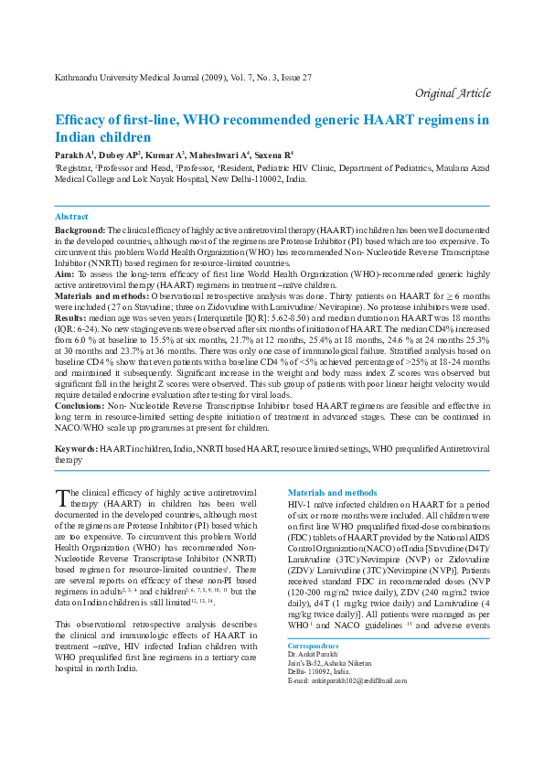 (PDF) Efficacy of first-line, WHO recommended generic HAART regimens in ...