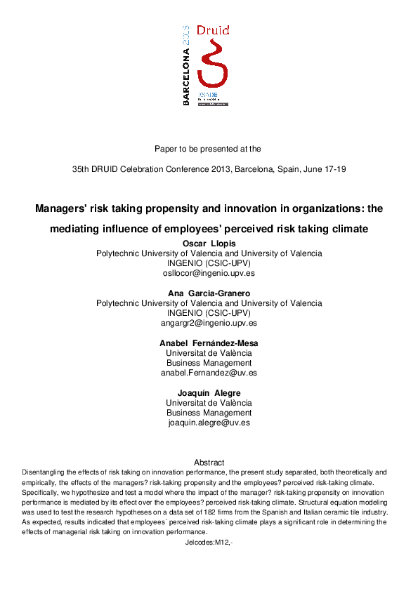 (PDF) Managers' risk taking propensity and innovation in organizations ...