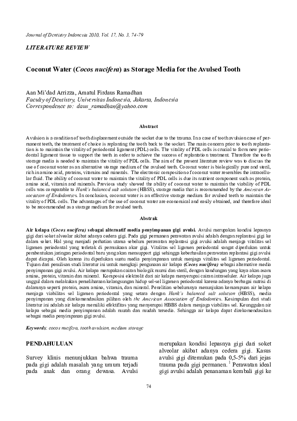 (PDF) Coconut Water (Cocos nucifera) as Storage Media for the Avulsed