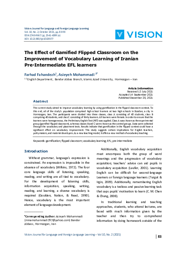 (PDF) The Effect of Gamified Flipped Classroom on the Improvement of ...
