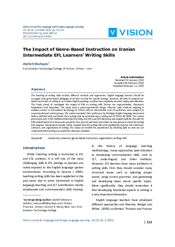 (PDF) The Impact of Genre-Based Instruction on Iranian Intermediate EFL ...
