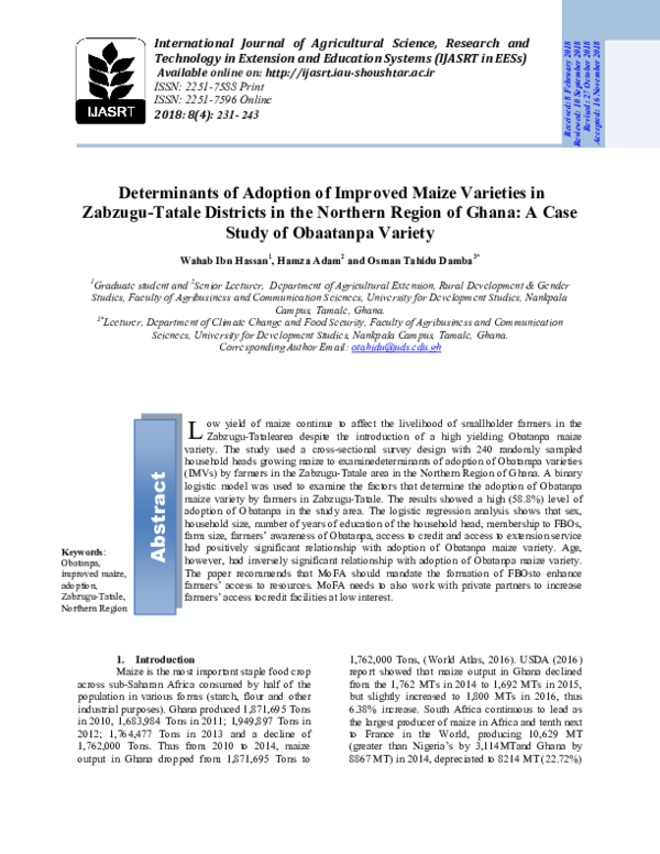 (PDF) Determinants of Adoption of Improved Maize Varieties in Zabzugu ...