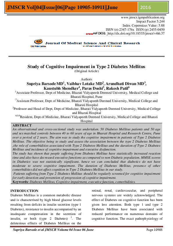 (PDF) Study of Cognitive Impairment in Type 2 Diabetes Mellitus