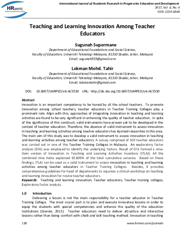 (PDF) Teaching and Learning Innovation Among Teacher Educators