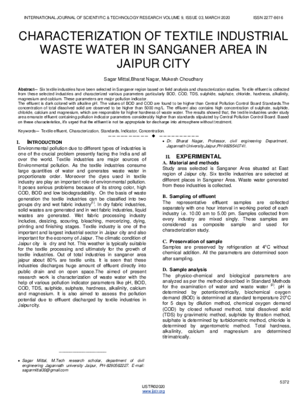 (PDF) Characterization of Textile Industrial Waste Water in Sanganer ...