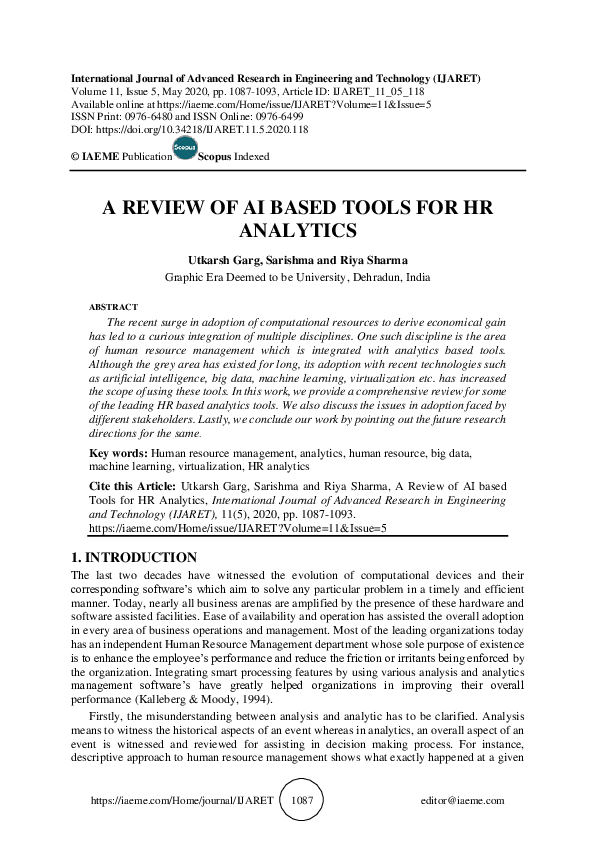 (PDF) A REVIEW OF AI BASED TOOLS FOR HR ANALYTICS | IAEME Publication ...