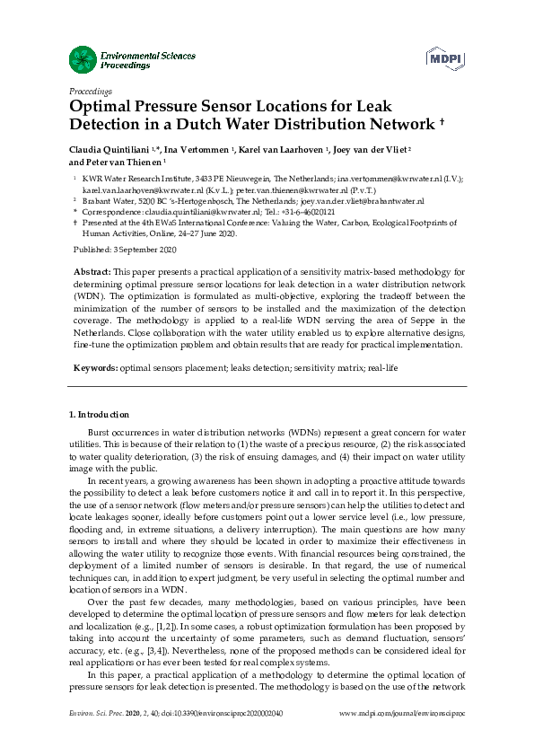 (PDF) Optimal Pressure Sensor Locations for Leak Detection in a Dutch ...