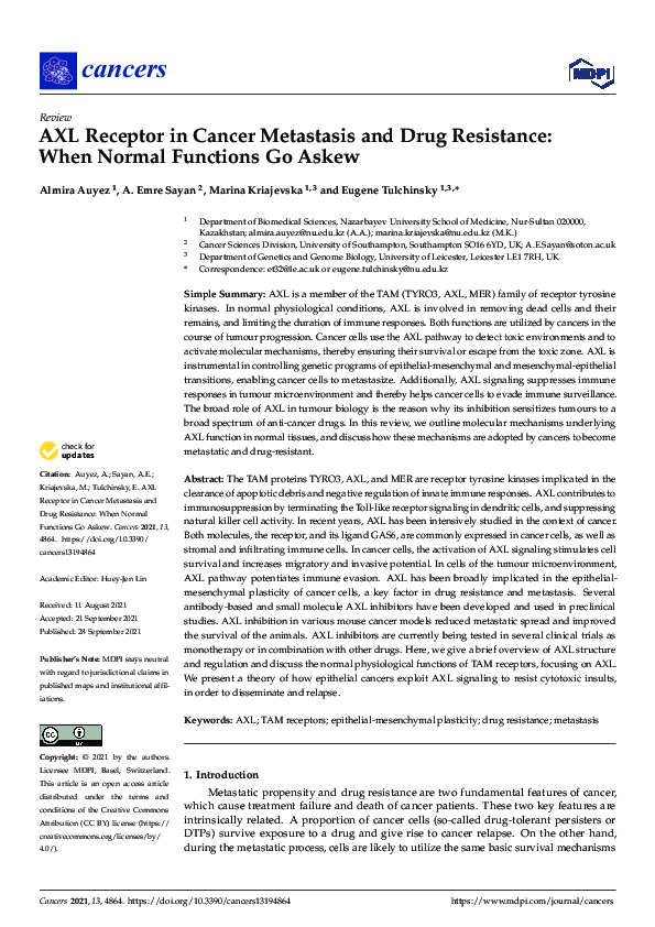 (PDF) AXL Receptor in Cancer Metastasis and Drug Resistance: When ...
