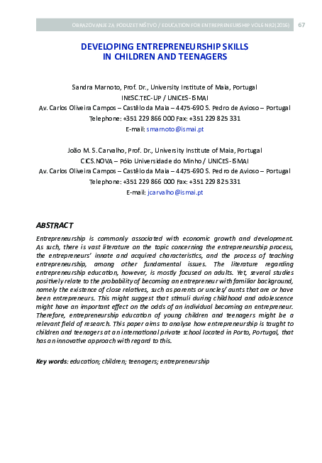 (PDF) Developing entrepreneurship skills in children and teenagers
