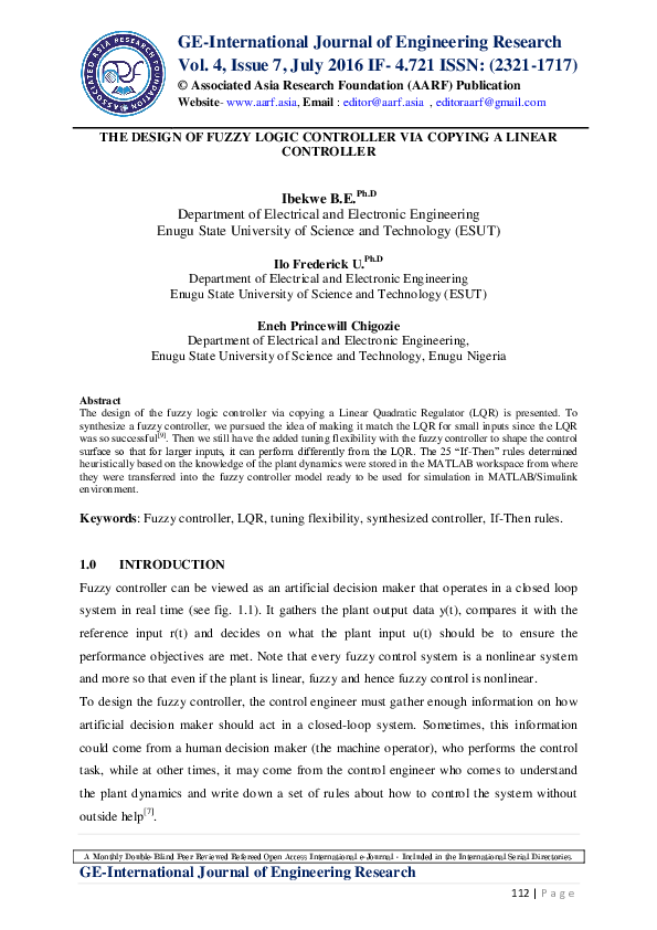 (PDF) THE DESIGN OF FUZZY LOGIC CONTROLLER VIA COPYING A LINEAR CONTROLLER