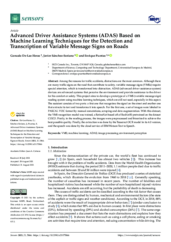 (PDF) Advanced Driver Assistance Systems (ADAS) Based on Machine ...