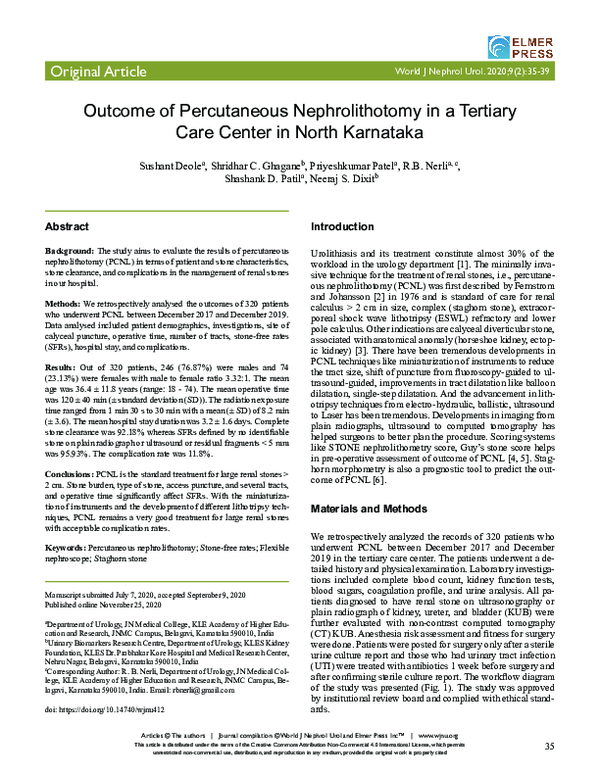 (PDF) Outcome of Percutaneous Nephrolithotomy in a Tertiary Care Center ...