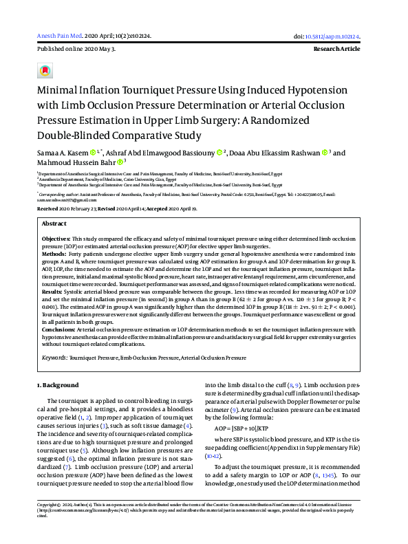 (PDF) Minimal Inflation Tourniquet Pressure Using Induced Hypotension