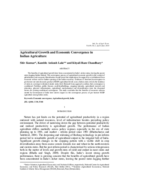 (PDF) Agricultural Growth and Economic Convergence in Indian Agriculture
