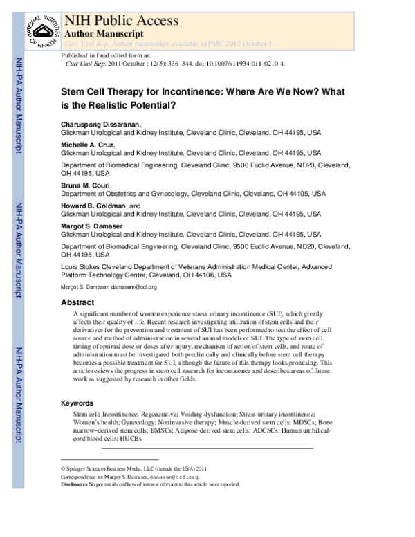 (PDF) Stem Cell Therapy for Incontinence: Where Are We Now? What is the ...
