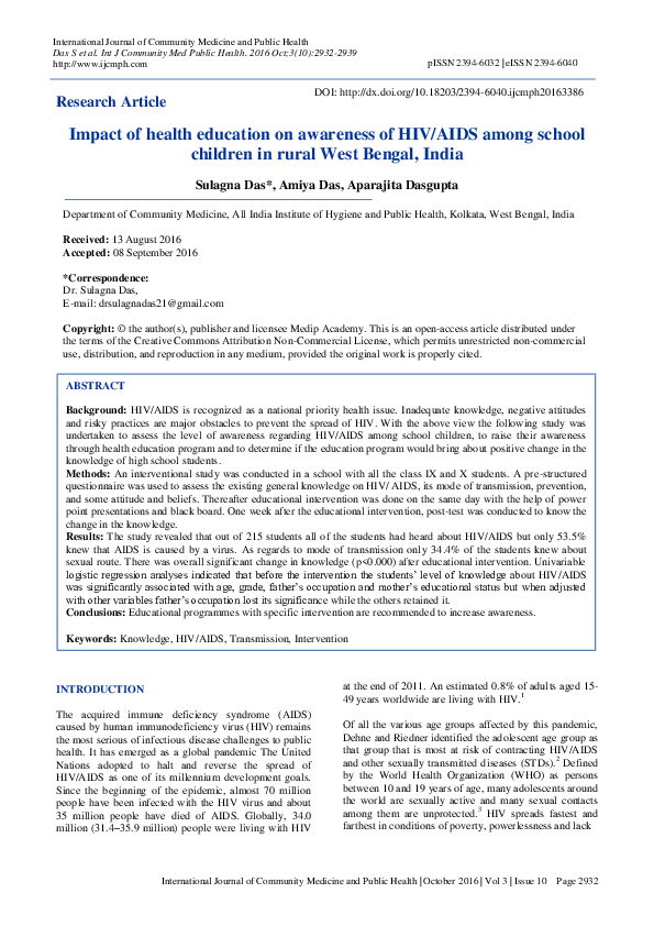 (PDF) Impact of health education on awareness of HIV/AIDS among school ...