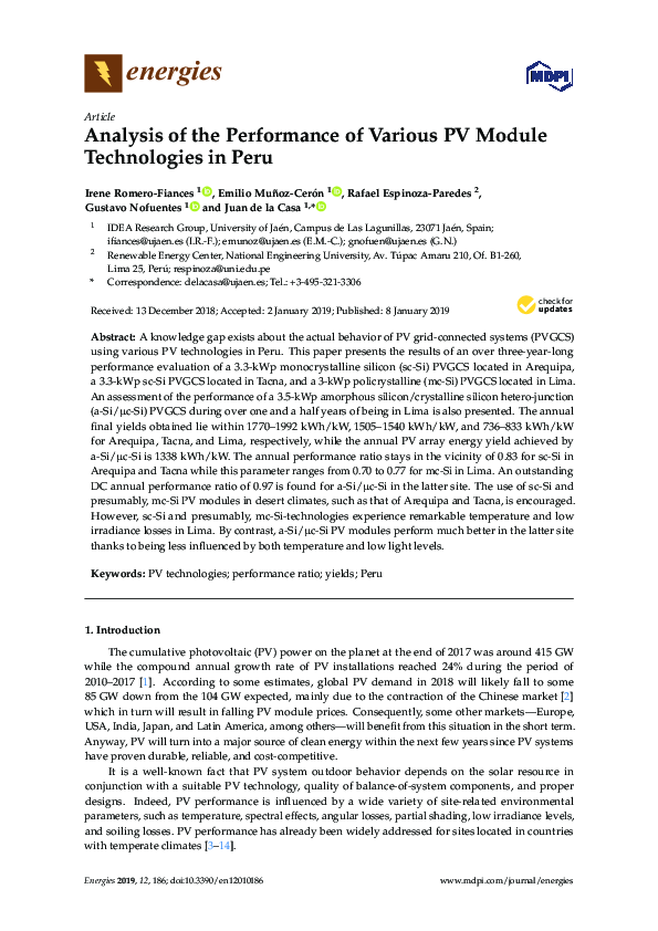 (PDF) Analysis of the Performance of Various PV Module Technologies in Peru