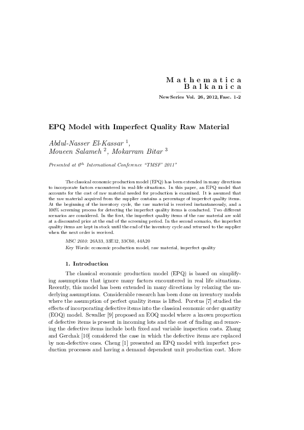 (PDF) EPQ Model with Imperfect Quality Raw Material