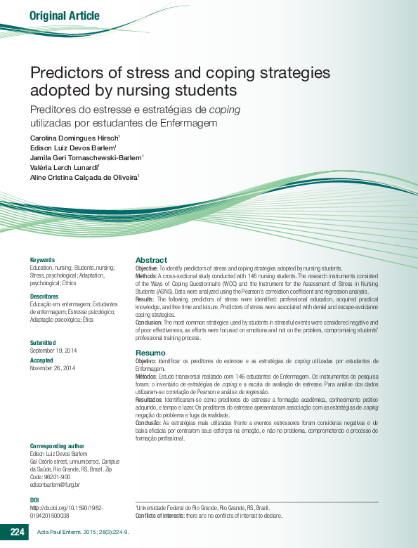 (PDF) Predictors of stress and coping strategies adopted by nursing ...