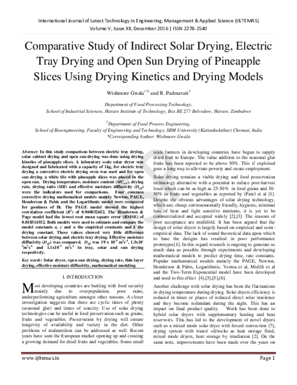 (PDF) Comparative Study of Indirect Solar Drying, Electric Tray Drying