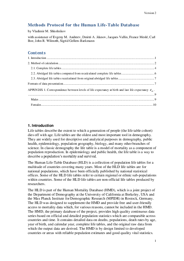 (PDF) Methodology Note on the Human Life-Table Database (HLD)