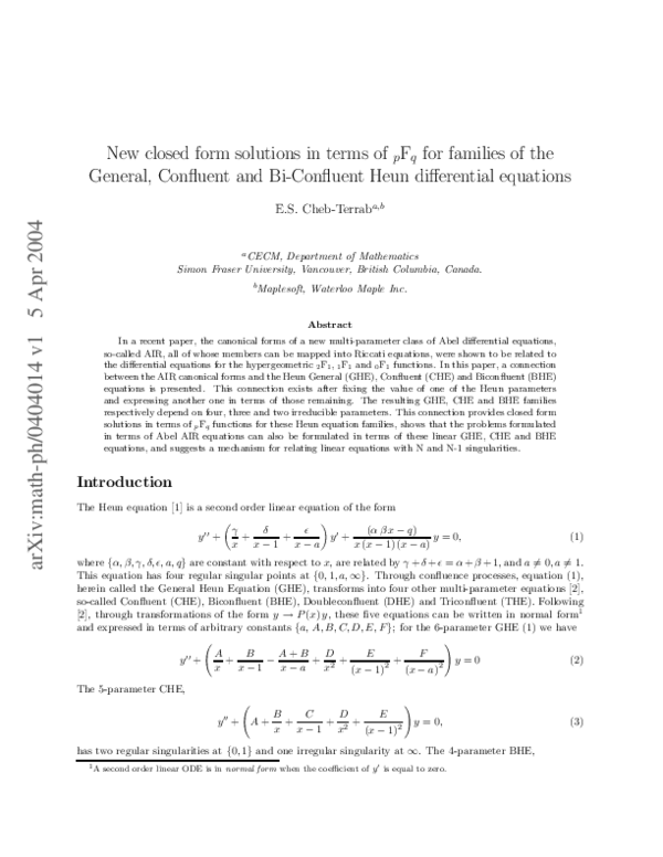 (PDF) New closed form solutions in terms of pFq for families of the ...