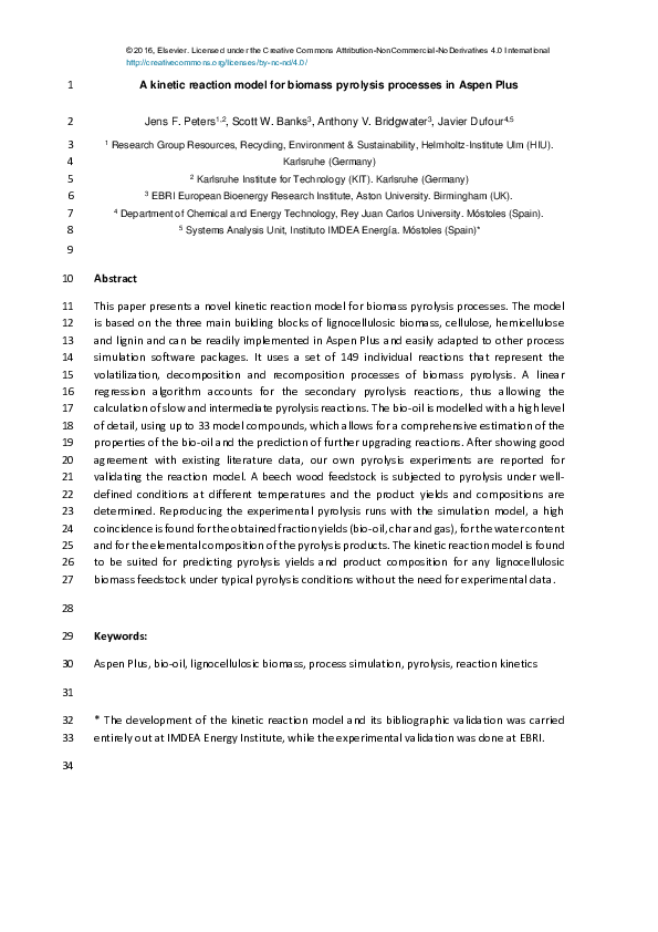 (PDF) A kinetic reaction model for biomass pyrolysis processes in Aspen ...