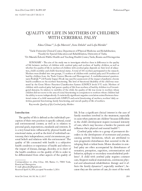 (PDF) QUALITY OF LIFE IN MOTHERS OF CHILDREN WITH CEREBRAL PALSY