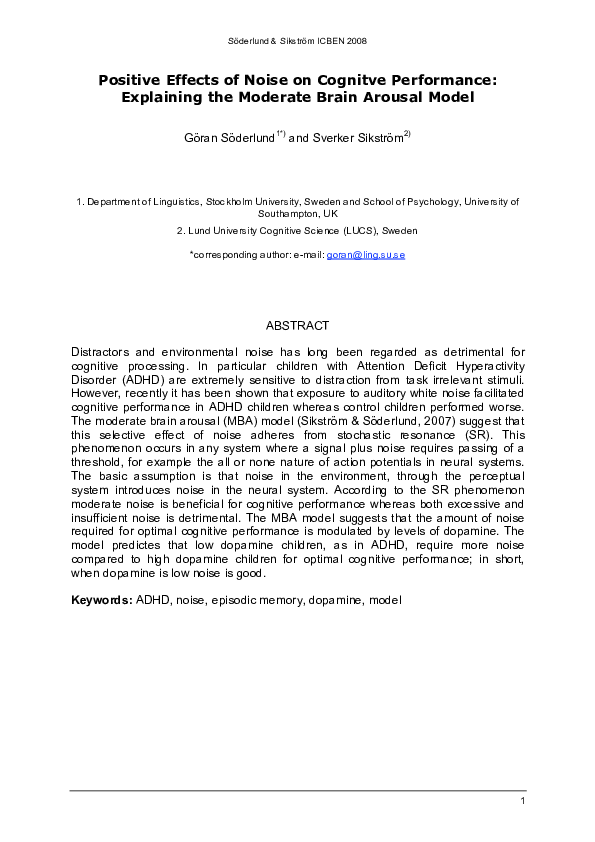 (PDF) Positive effects of noise on cognitive performance: Explaining ...