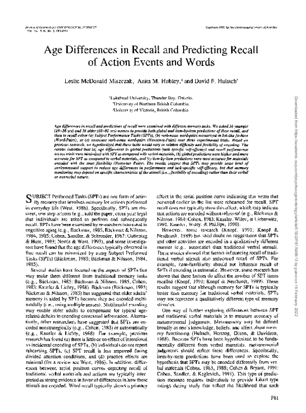 (PDF) Age differences in recall and predicting recall of action events ...
