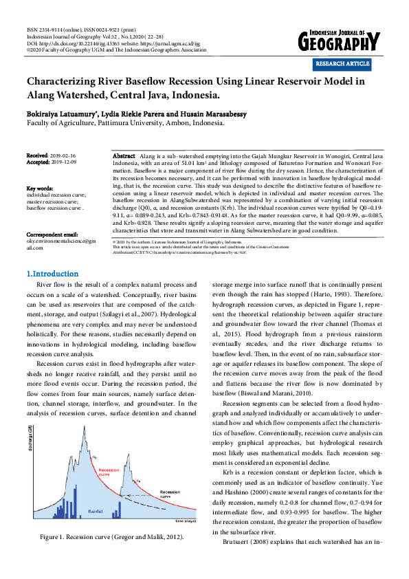 (PDF) Characterizing River Baseflow Recession Using Linear Reservoir ...
