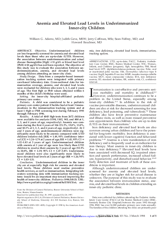 (PDF) Anemia and Elevated Lead Levels in Underimmunized Inner-city Children