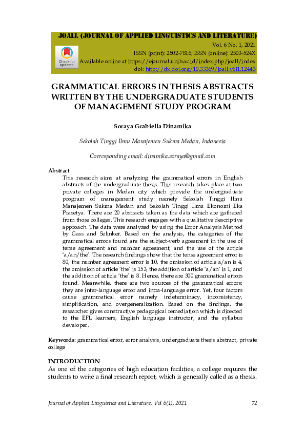 (PDF) Grammatical Errors in Thesis Abstracts Written by the ...