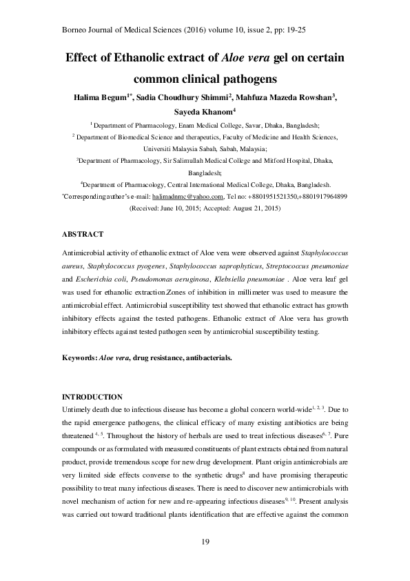 (PDF) Effect of Ethanolic extract of Aloe vera gel on certain common ...