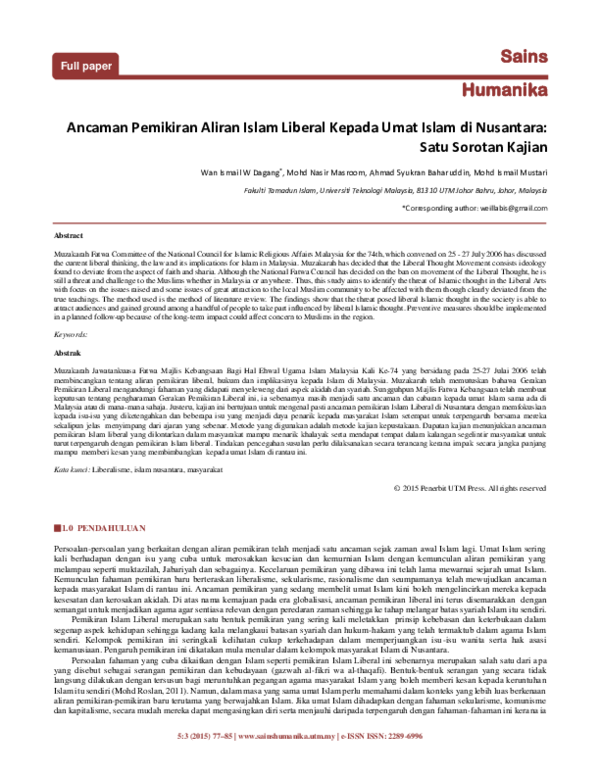  PDF Ancaman Pemikiran Aliran Islam Liberal Kepada Umat Islam Di 
