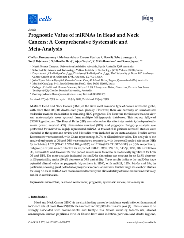 (PDF) Prognostic Value of miRNAs in Head and Neck Cancers: A ...