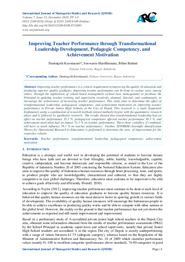(PDF) Improving Teacher Performance through Transformational Leadership ...
