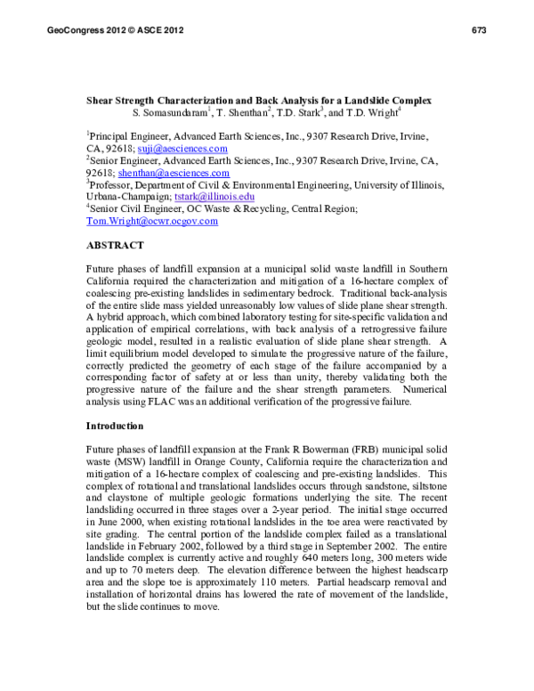(PDF) Shear Strength Characterization and Back Analysis for a Landslide ...
