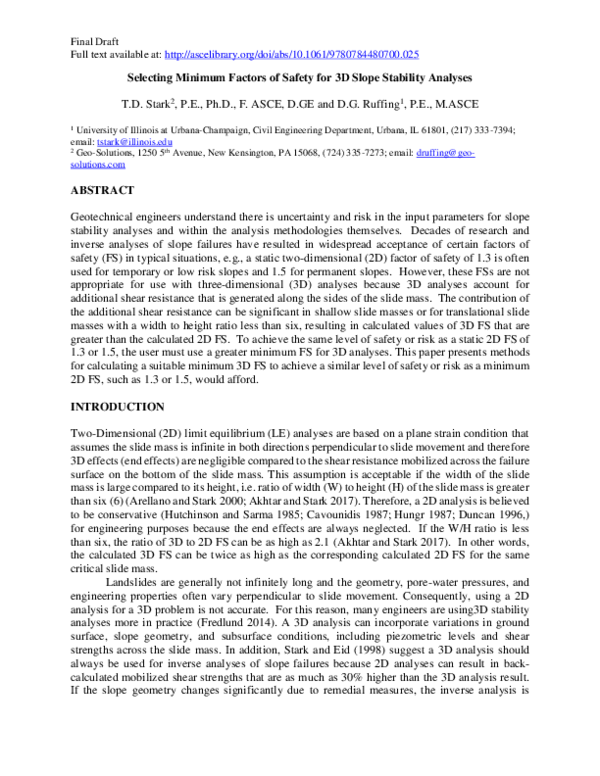 (PDF) Selecting Minimum Factors of Safety for 3D Slope Stability Analyses