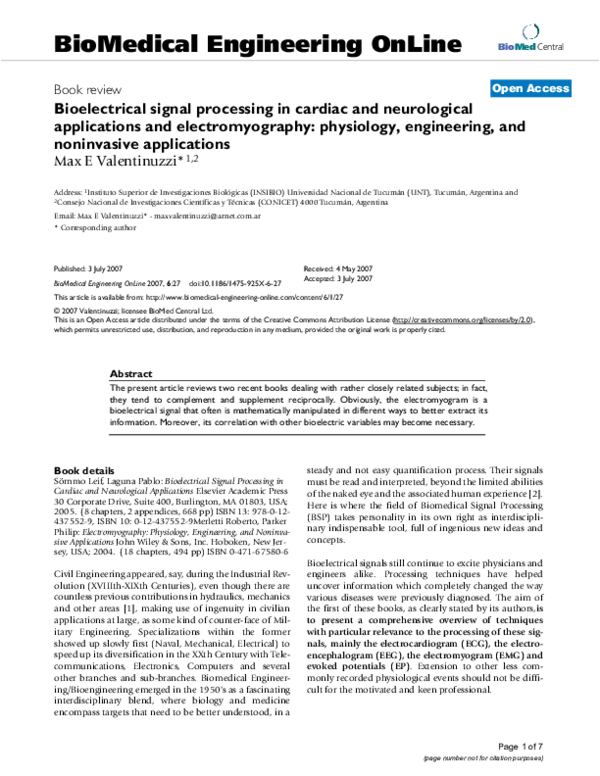 (PDF) Bioelectrical signal processing in cardiac and neurological