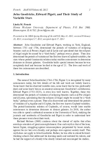 (PDF) John Goodricke, Edward Pigott, and Their Study of Variable Stars