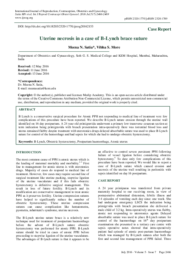 (PDF) Uterine necrosis in a case of B-Lynch brace suture