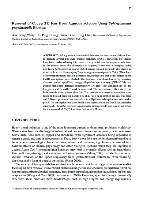 (PDF) Removal of Copper(II) Ions from Aqueous Solution ...