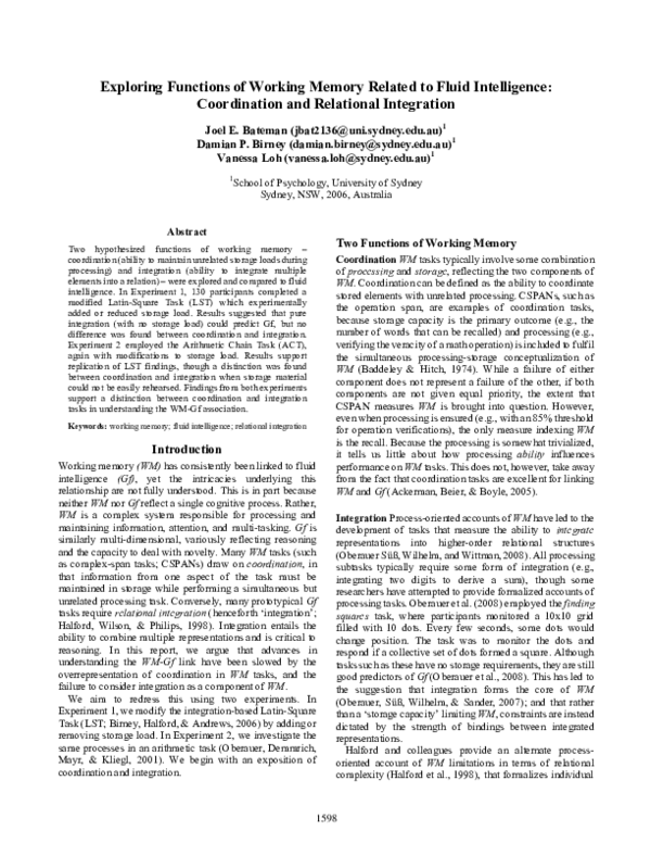 (PDF) Exploring Functions of Working Memory Related to Fluid ...