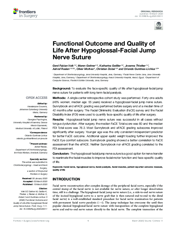 (PDF) Functional Outcome and Quality of Life After Hypoglossal-Facial ...