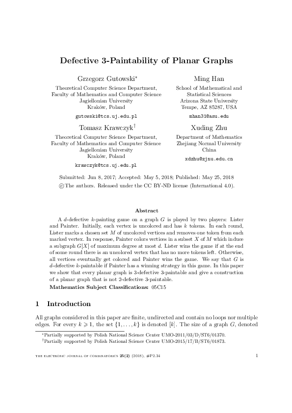 (PDF) Defective 3-Paintability of Planar Graphs