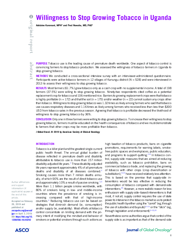 PDF) Willingness to Stop Growing Tobacco in Uganda