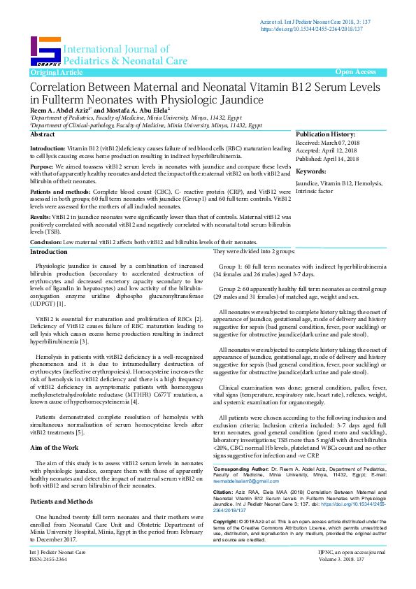 (PDF) Correlation Between Maternal and Neonatal Vitamin B12 Serum ...