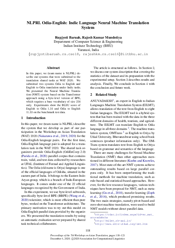 (PDF) NLPRL Odia-English: Indic Language Neural Machine Translation System