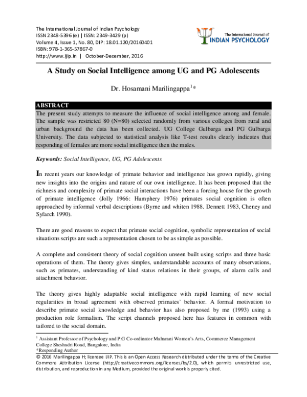 (PDF) A Study on Social Intelligence among UG and PG Adolescents